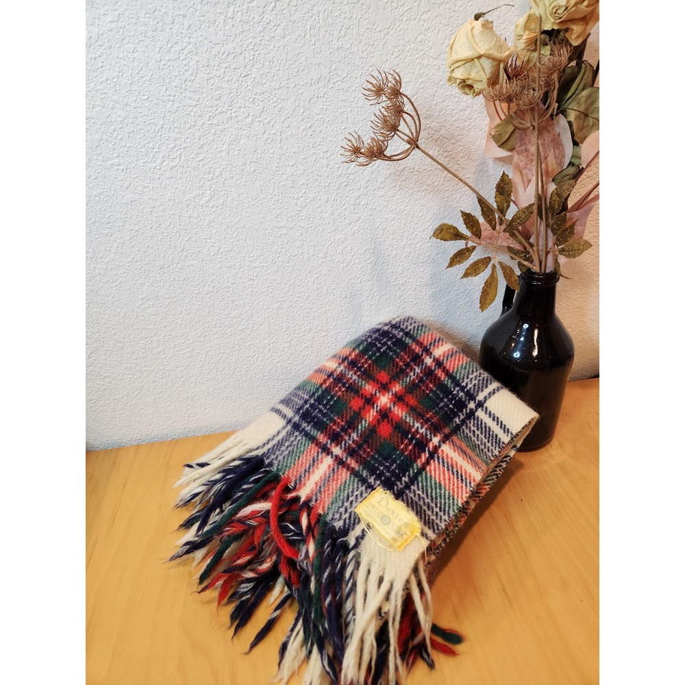 vtg Dexter Pram Robe Blanket 100% Virgin Wool Plaid Throw Fringe Red Blue Green